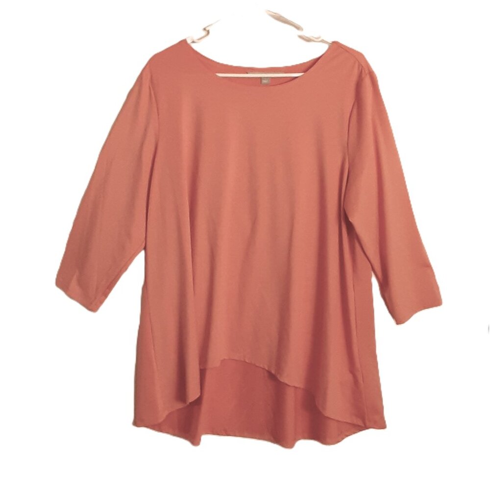 Valerie Stevens Blouse LARGE Peach Color 3/4 Sleeve Hi-Low Round Neck Pullover